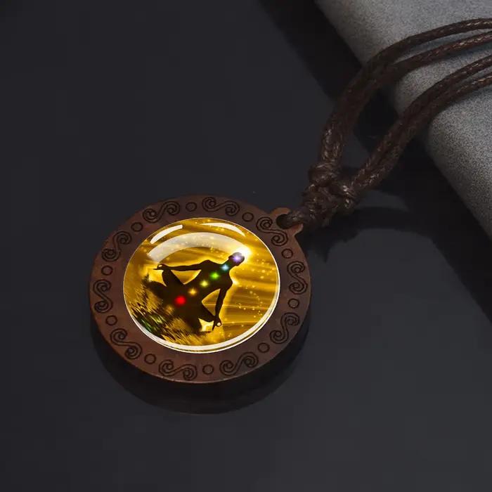 7Chakra symbole collier Yoga méditation dôme en verre Vintage en bois pendentif corde chaînes collier femmes hommes indien bouddhisme bijoux