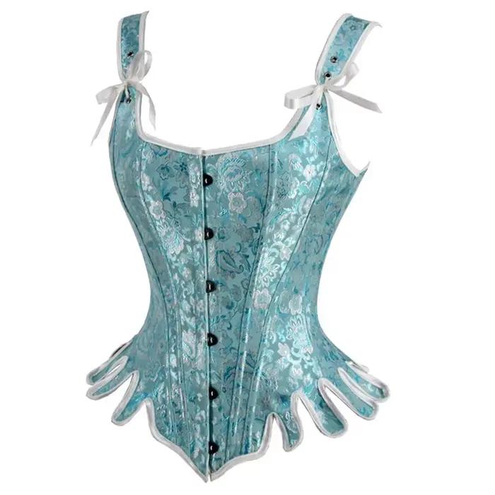Corset Vintage avec Bretelles Initiées pour Femme, Bustier Overbust, Jacquard Noir et Bleu, Top Steampunk Médiéval
