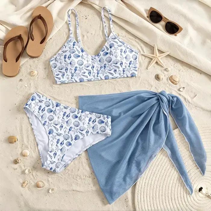 Ensemble de bikini 3 pièces pour adolescentes et jeunes filles, maillots de bain avec jupe de plage pour la natation, vêtements de plage et de sport