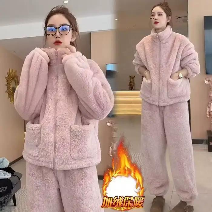 Ensemble pyjama chaud pour femmes, vêtements de nuit en molleton de corail, flanelle, Cardigan épais à fermeture éclair, costumes de maison décontractés, automne et hiver