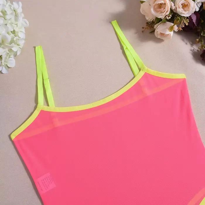 Lingerie sexy pour femme, body en maille transparente rose fluo, amincissant, bretelles spaghetti, lingerie une pièce, combinaison sans manches