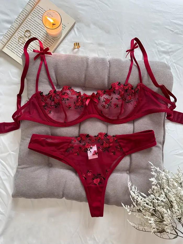 Ensemble de lingerie féminine sexy brodée florale pour femmes occasions spéciales nocturnes sous-vêtements tricotés polyester élasthanne