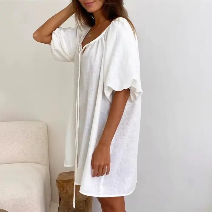 Robe de nuit d'été blanche 2026 pour femme, décontractée, 100 % coton, ample, respirante, confortable, pour la maison, avec lien ajustable