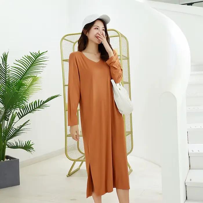 Printemps automne robe de nuit femmes ample grande chemise de nuit couleur unie chemises de nuit manches longues nuisette chemise de nuit vêtements de nuit modaux