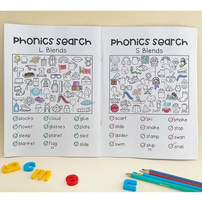 Lecture et trouver un cahier d'exercices de phonétique, apprentissage préscolaire et maternelle, outils pédagogiques pour enseignant d'anglais, pratique de la phonétique Montessori