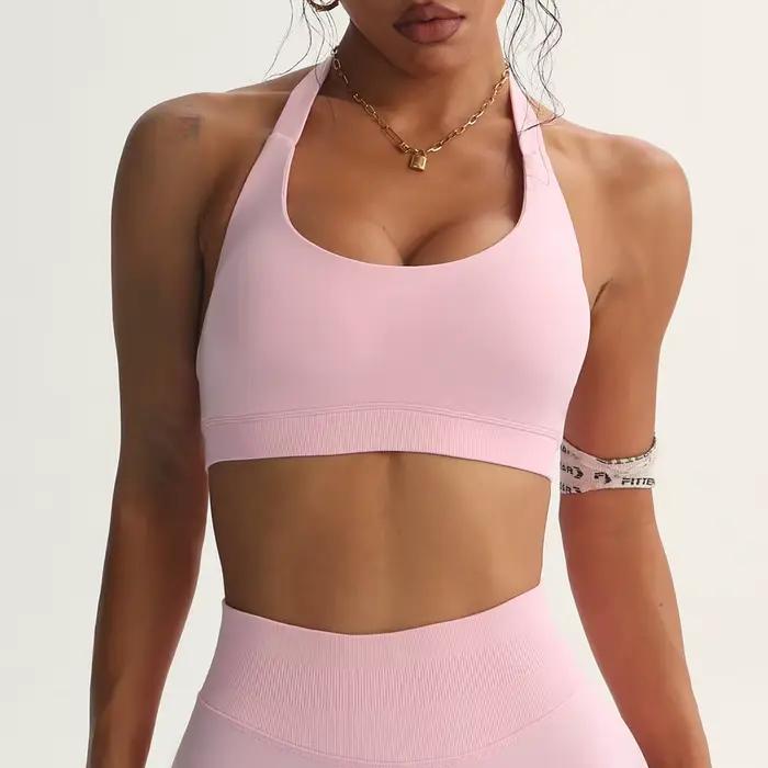 Soutien-gorge de Sport sans couture, col licou, Sexy, dos ouvert, Yoga, rembourré, pour femmes, Fitness, haut de gymnastique, vêtements de Sport