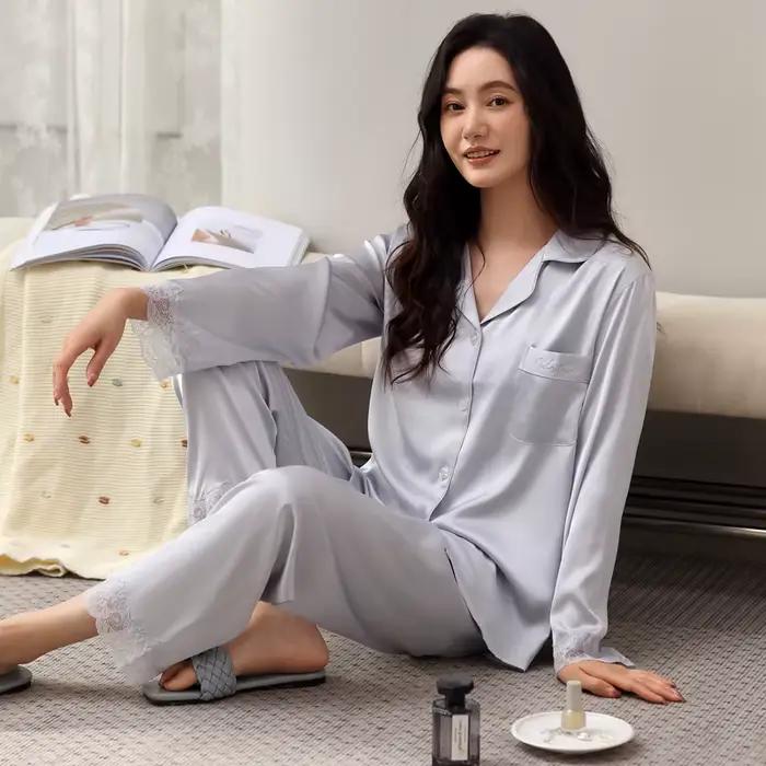 Ensemble de pyjamas pour femmes, printemps et automne, vêtements de maison en soie, pyjamas à col rabattu à manches longues pour femmes