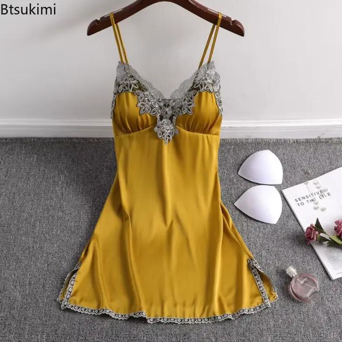 Nouvelle Robe de Nuit Sexy en Soie Satinée pour Femme Été 2026 – Nuisette Sans Manches Col en V avec Dentelle – Vêtement de Nuit Féminin