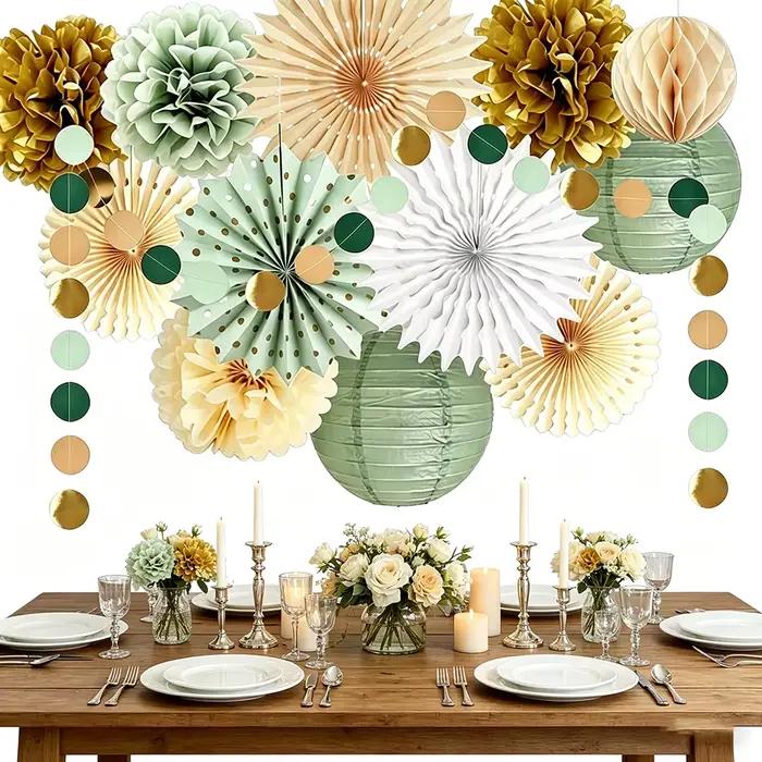 Décorations suspendues en papier vert sauge, lanternes et fleurs pompons pour mariage, fête, anniversaire, enterrement de vie de jeune fille, Saint-Valentin
