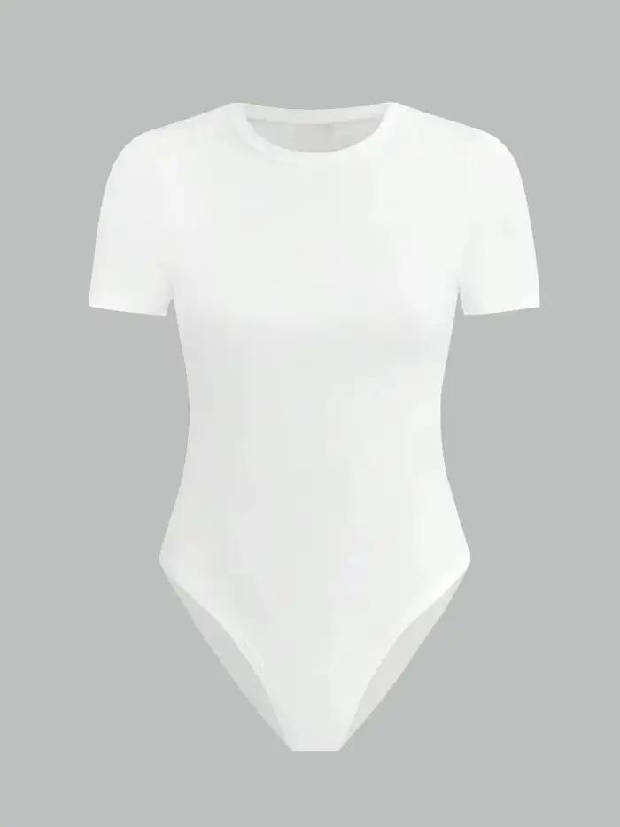 Body basique à manches courtes pour femmes, couleur unie, col rond, moulant, barboteuse, chemisier, Streetwear, été