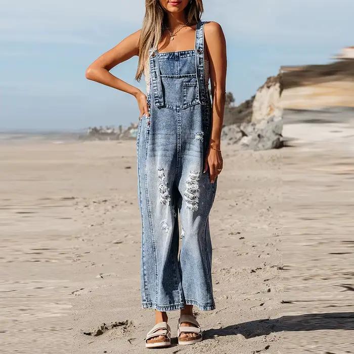 Pantalon déchiré Cowboy combinaison pour femmes décontracté coton Denim Boho plage une pièce tenue salopette saut costumes Tube barboteuse été