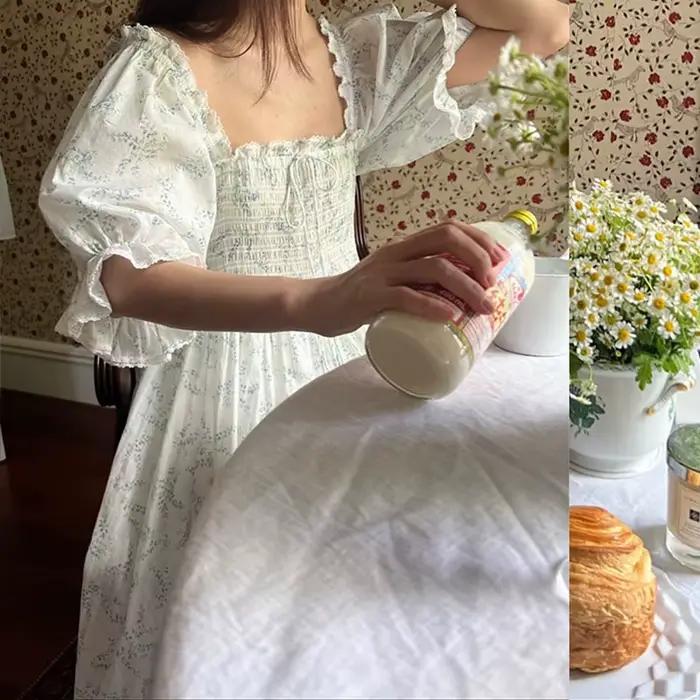 Chemise de nuit d'été à manches courtes, imprimé doux, col carré français, princesse Victoria, 100% coton, nuisette féerique fine