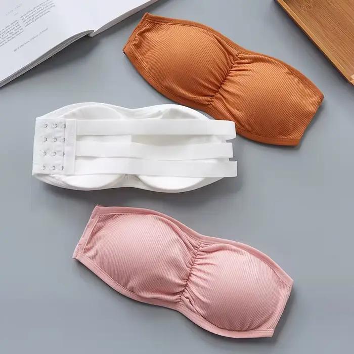 Soutien-gorge bandeau côtelé sans bretelles pour femme, anti-dérapant, froncé, avec coussinets amovibles et respirants, crochets dorsaux réglables, taille unique