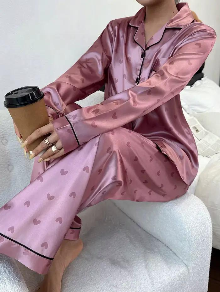 Femmes Pyjamas Satin-like coeur imprimé à manches longues et pantalons pyjama ensemble revers cou vêtements de nuit Pyjamas pour femmes Pijamas pantalons ensembles