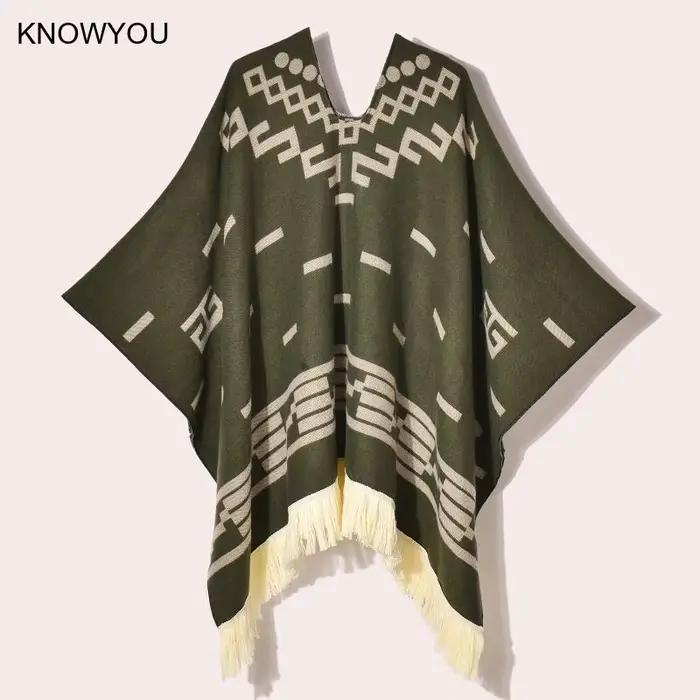 Poncho de voyage pour femmes, châle, Style ethnique, glands, Cape à capuche, Jacquard chaud d'hiver, décoration extérieure, grande couverture pour hommes