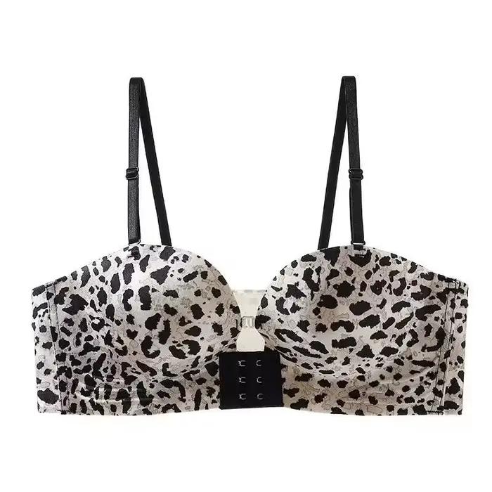Soutien-gorge froncé sans bretelles imprimé léopard, beau dos Sexy, Lingerie pour femmes, petits seins sans anneaux en acier, soutien-gorge à boucle avant