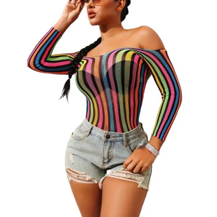 Robe de nuit dos nu pour femme, mini robe rayée arc-en-ciel, lingerie sexy, maille sexy, chemise de nuit moulante, vêtements de plage