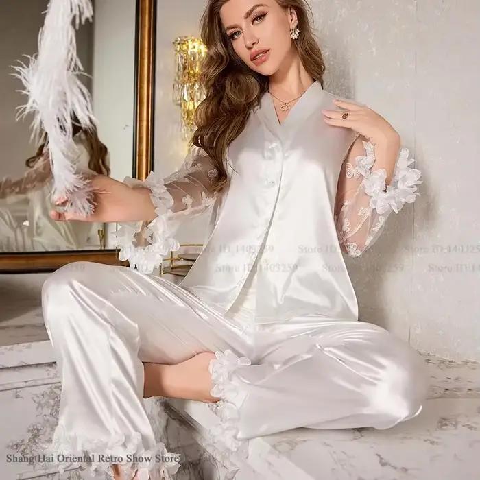 Dámské pyžamo 2dílné sexy krajkové s dlouhým rukávem a kalhotami Pijamas kostým noční prádlo volné hedvábí Saténové domácí oblečení relaxační oděv