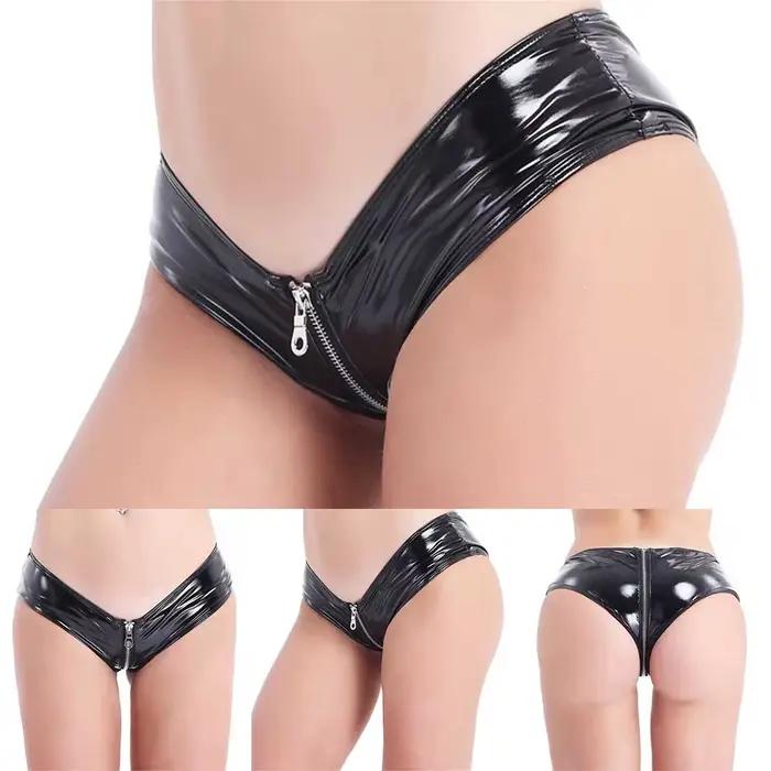 Femmes fermeture éclair entrejambe culottes slips PVC Mini Shorts Look mouillé Bikini taille basse sous-vêtements maigre Clubwear lingeries érotiques