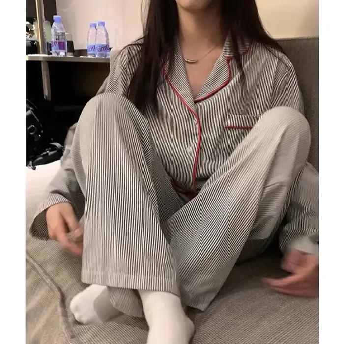 Pyjama grande taille pour femmes, manches longues, pantalon Long, costume deux pièces, vêtements de nuit rayés, vêtements de nuit pour filles, printemps et été