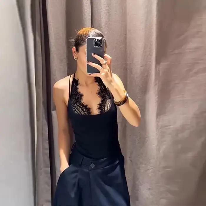 2026 Body moulant rose sexy pour femme, style streetwear, sans manches, en dentelle patchwork, pour soirée, hauts fourreau tendance