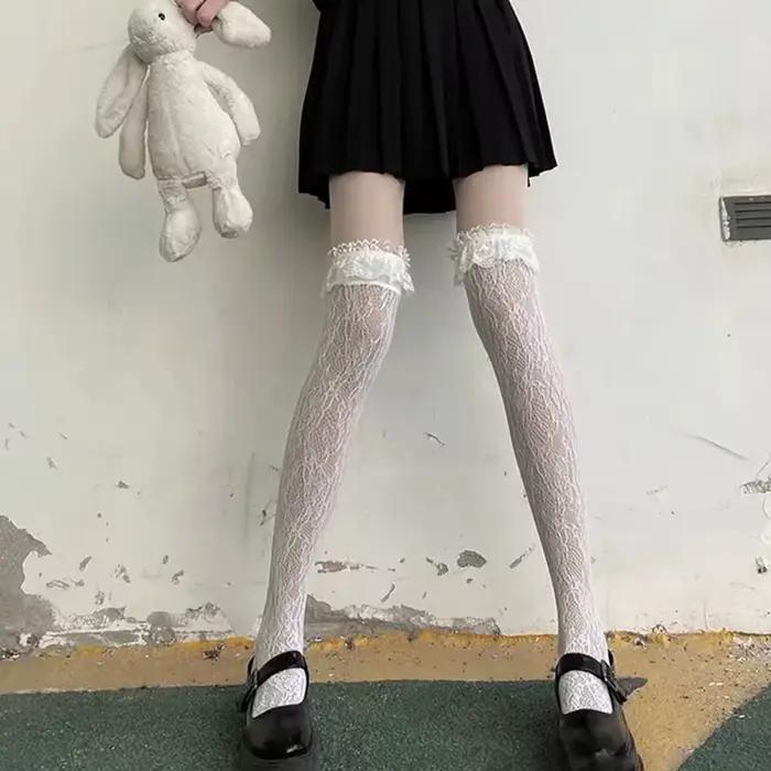Bas hauts à rayures en dentelle pour femmes, bas ajouré Sexy, noir et blanc, bas Style Lolita