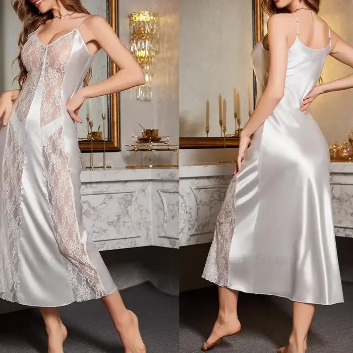 Dame Sexy chemise de nuit fronde Homewear dentelle garniture chemise de nuit Satin Lingerie été nouveaux sous-vêtements Satin maille Perspective vêtements de nuit