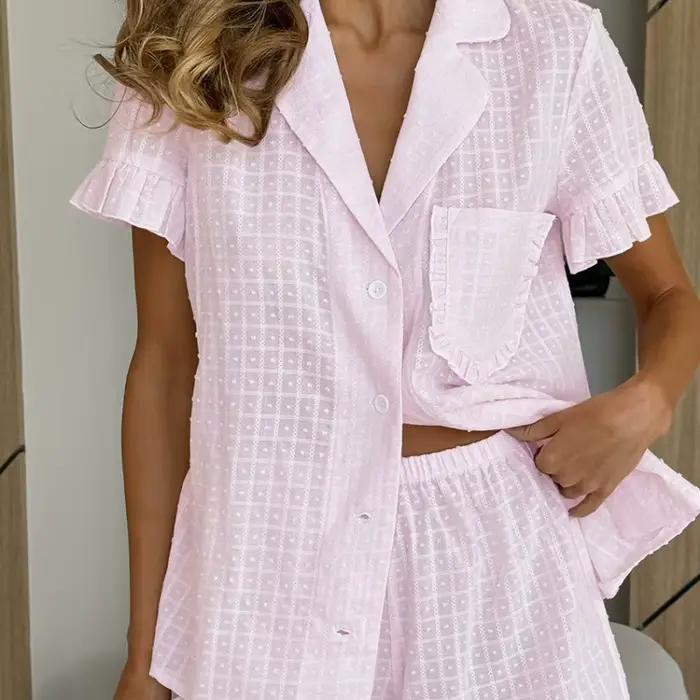 Ensemble pyjama deux pièces en coton jacquard à carreaux roses avec short à volants, chemises à manches courtes à poches et pantalon court à carreaux pour femme, tenue de détente