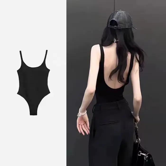 Barboteuse à bretelles noires pour femme, costume de batterie dos nu, costume de batterie de lit, string sexy, haut en fibre précieuse, costume de corps féminin