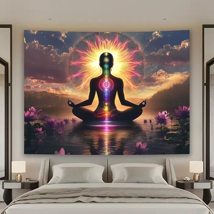 Tapisserie de méditation des chakras, silhouette avec sept chakras et fleurs de lotus, art mural spirituel de yoga pour la décoration de la maison