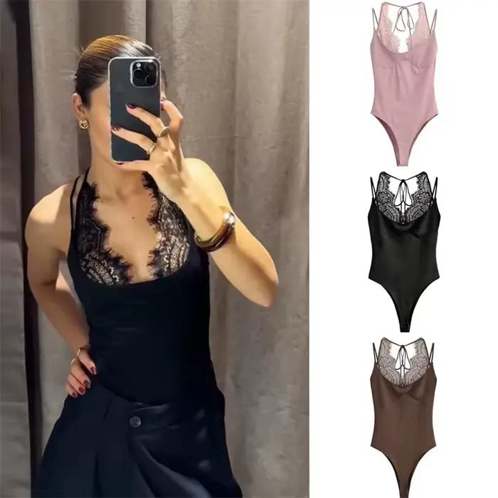 2026 Body moulant rose sexy pour femme, style streetwear, sans manches, en dentelle patchwork, pour soirée, hauts fourreau tendance