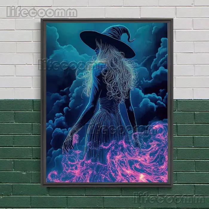 Peinture sur toile d'art mural abstrait de sorcière de nuit solitaire, affiche d'art d'illustration d'esthétique de sorcellerie païenne et décoration de maison imprimée