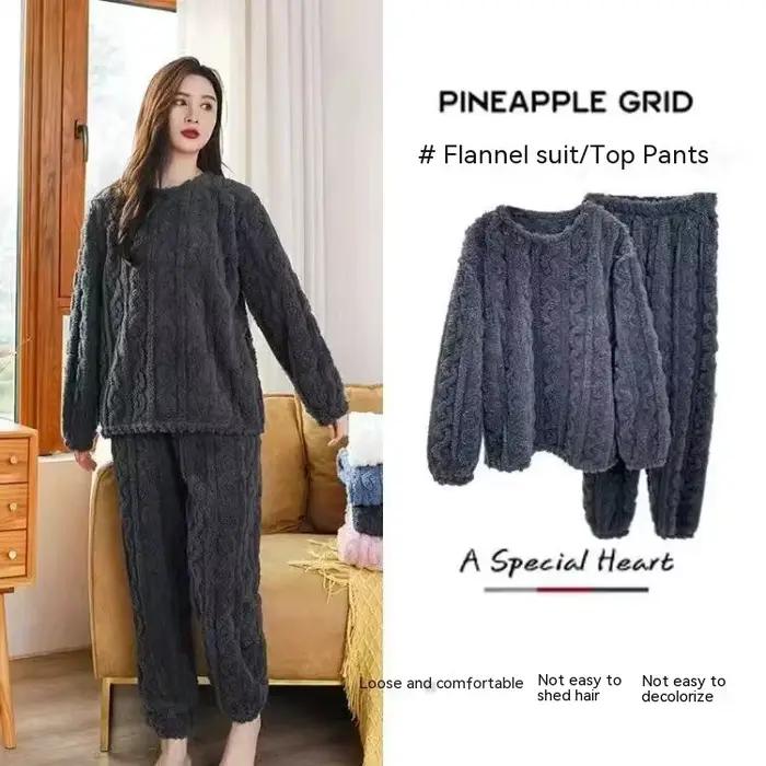 Ensemble pyjama épais et chaud en polaire de corail pour femme, vêtements de maison imprimés de dessins animés, vêtements de nu