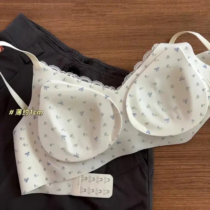 Lingerie française à imprimé floral pour femmes, petits seins, bords en dentelle douce, respirante et jantes pour filles