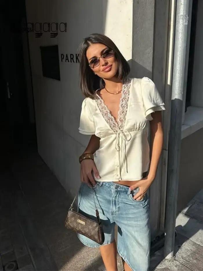 Ahagaga décontracté haut pour femme solide dentelle col manches courtes Satin mince bouton régulier Eelgant Streetwear t-shirts femme basique t-shirts