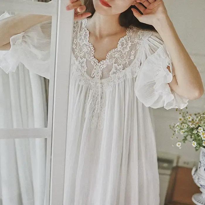 Chemise de nuit en dentelle française sexy à col en V, chemise de nuit blanche, chemise de nuit longue vintage, manches courtes, chemise de nuit en coton, nickel é Scottsdale, été