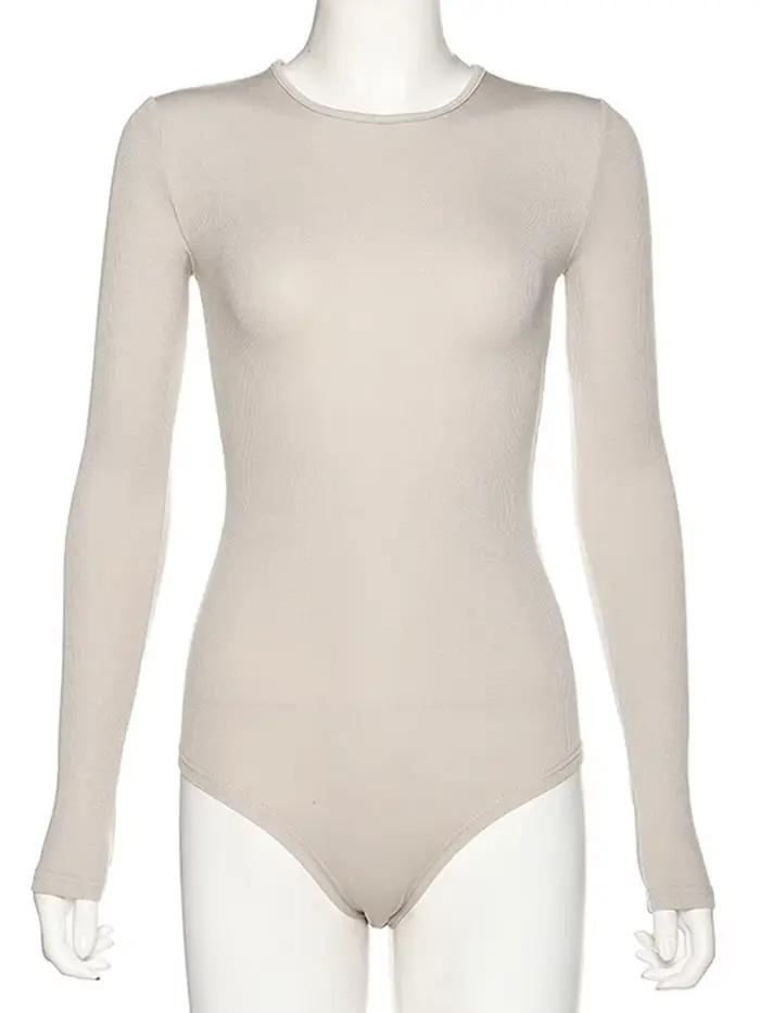 Mince dames Sexy body solide mode maigre moulante femmes body manches longues col rond décontracté noir Beige femme body