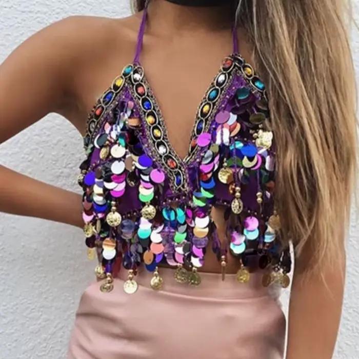 Soutien-Gorge à Paillettes Brillantes pour Femme, Halter, Salsa, brevdu Ventre, Boho, Festival, Wlbing, Tribal, BH
