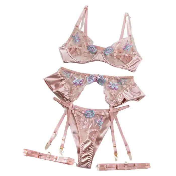 Lingerie sensuelle pour femmes, sous-vêtements fantaisie en soie florale, jarretelles transparentes, ensembles exotiques, produits intimes de luxe féeriques