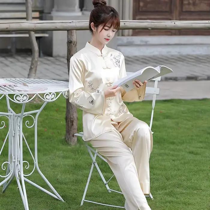 Pritning fleur chinois pyjamas ensemble de sommeil chemise pantalon col montant vêtements de nuit 2 pièces broderie soie Vintage bouton vêtements de nuit