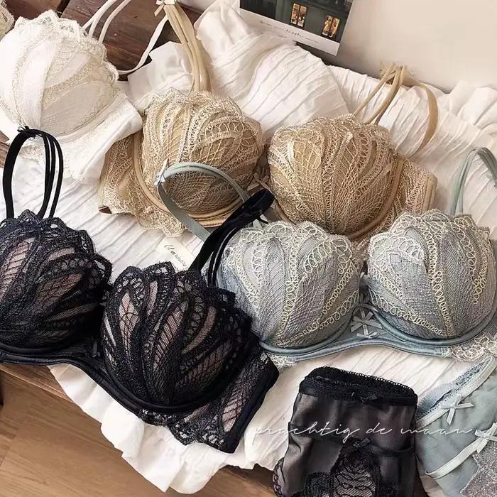 Ensemble de soutien-gorge Push Up en dentelle brodée, demi-tasse, petits seins, épais, coussinet réglable, culotte, sous-vêtements pour fille