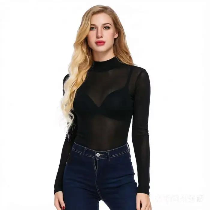 FREEAUCE NOUVEAU Body en maille transparente noire à manches longues pour femme, T-shirts, Lingerie sexy grande taille S-XXXL