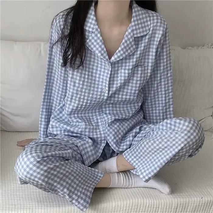 Pyjamas Femme Automne Hiver Douces Vêtements Nuit Homewear Deux Pièces Ensemble Femmes Plaid Décontracté Simples Vêtements Nuit