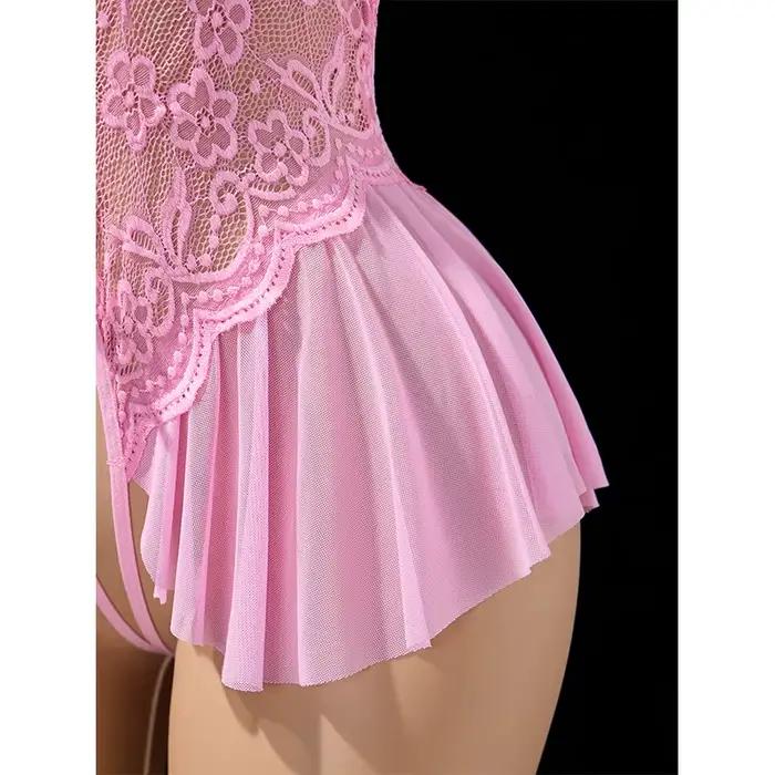 Lingerie délicate rose avec jupe ourlet boucle avant soutien-gorge et culotte ensemble sans entrejambe femmes Drees licou-cou dos nu sous-vêtements Sexy