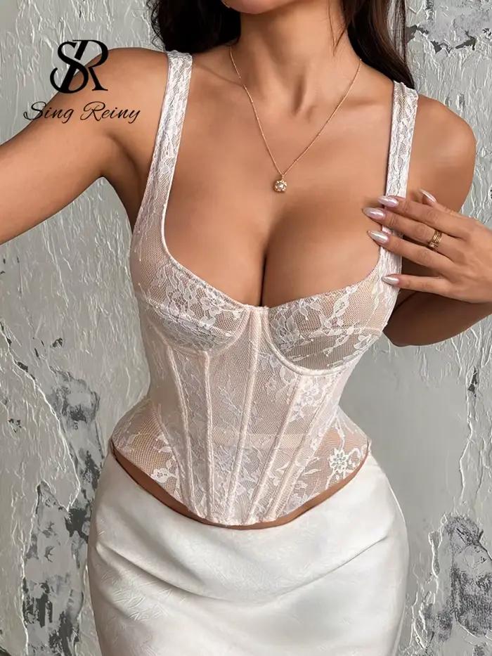 SINGREINY INS Hot Girl Top Corset en Dentelle pour Femme, Mini Camisole Sans Manches à Bretelles, Dos Nu à Lacets, en Maille Florale, Effet Sculptant, Débardeur Amincissant