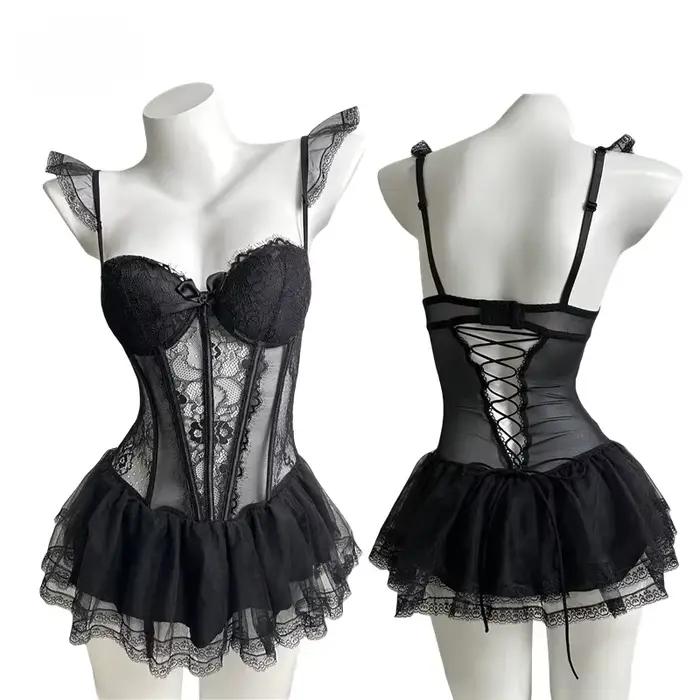 Lingerie érotique pour femmes, Corset Sexy en dentelle française, nouveau body froncé, élasticité, Push Up, matériau en maille, sous-vêtements Bustier