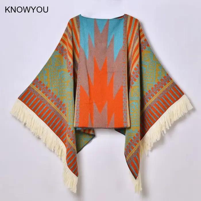 Poncho de voyage pour femmes, châle, Style ethnique, glands, Cape à capuche, Jacquard chaud d'hiver, décoration extérieure, grande couverture pour hommes