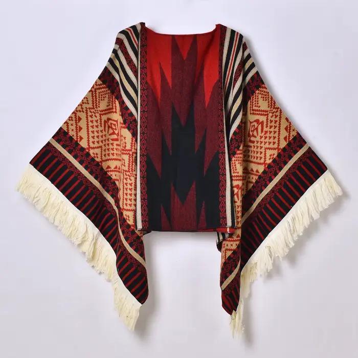 Poncho de voyage pour femmes, châle, Style ethnique, glands, Cape à capuche, Jacquard chaud d'hiver, décoration extérieure, grande couverture pour hommes