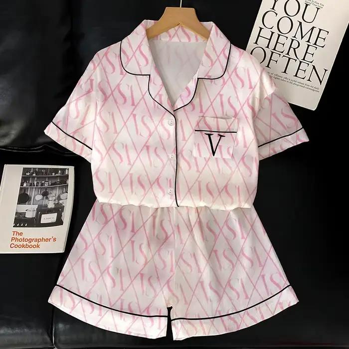 Ensemble pyjama minimaliste à manches courtes de Style coréen pour femmes, vêtements de maison légers au toucher de soie, ensemble deux pièces à la mode, été