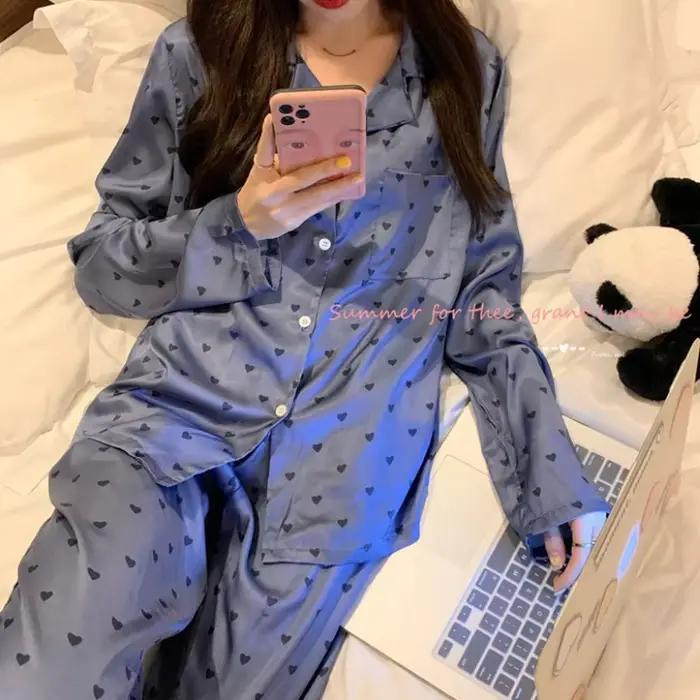Pyjama à manches longues pour femme, vêtement de maison en soie glacée, nouvelle collection printemps et automne été
